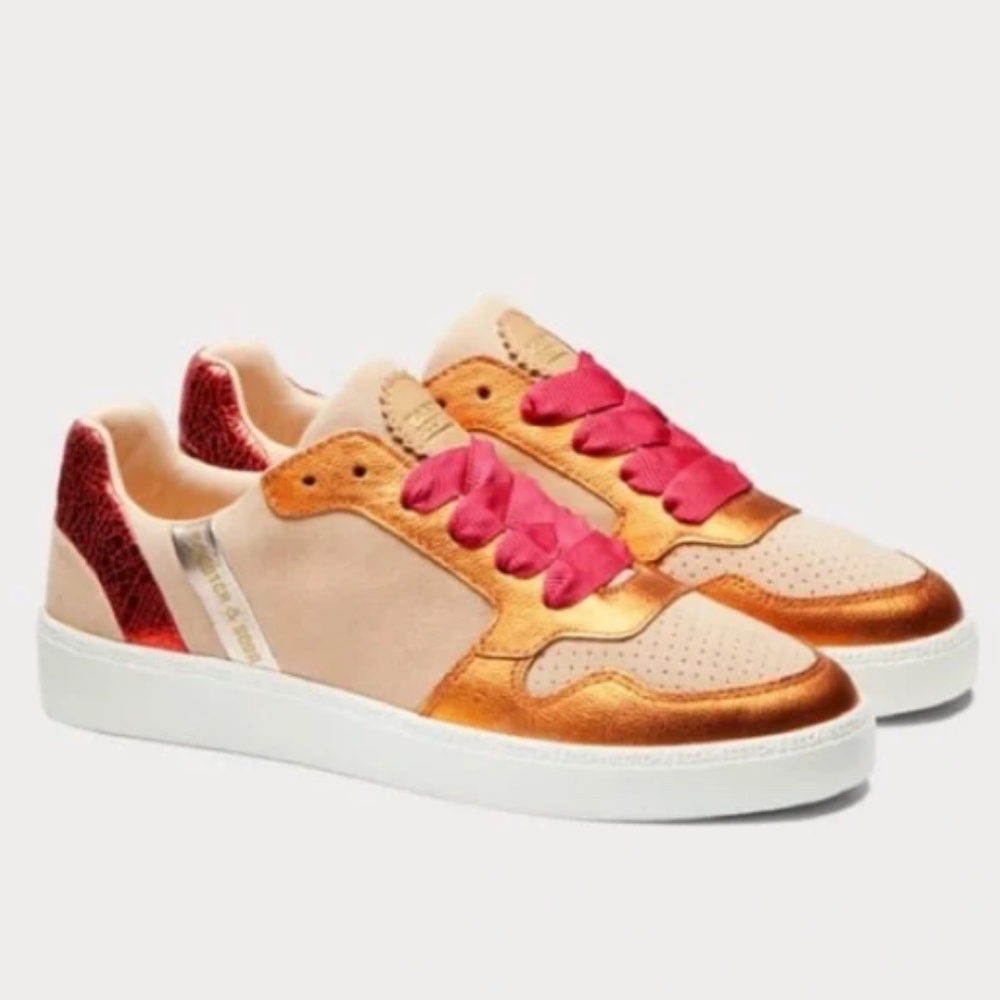 SCOTCH & SODA Laurite Metallic Genuine Leather Sneakers Tan Orange Pink Size 6.5